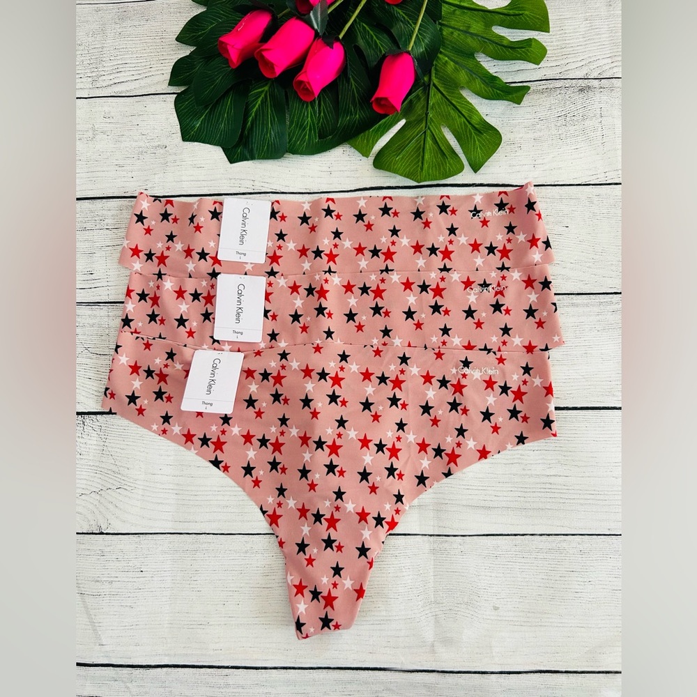 Calvin Klein Women’s Star Print Colorful Invisible Logo Thong Underwear 3pk